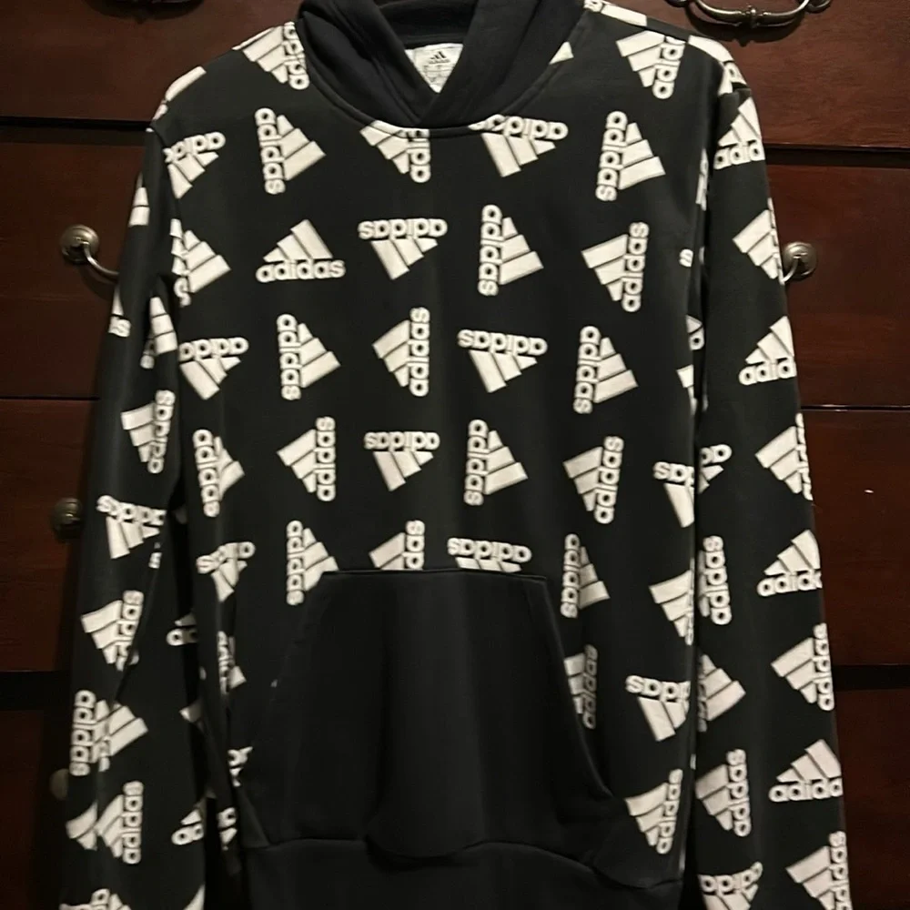 Adidas All Over Print Fleece Hoodie M Black New NWT Sweater Long Sleeves Large
